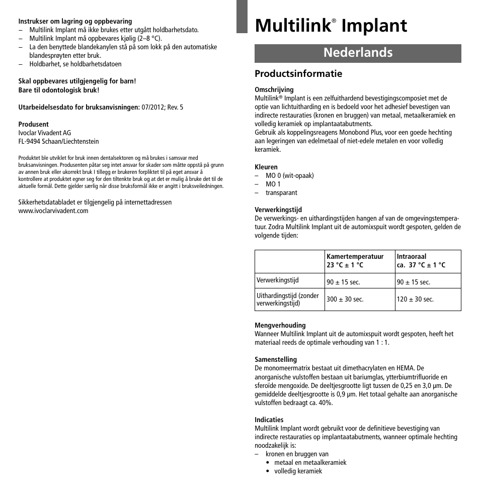 Nederlands, Multilink, Implant | Productsinformatie | Ivoclar Vivadent Multilink Implant User Manual | Page 26 / 40