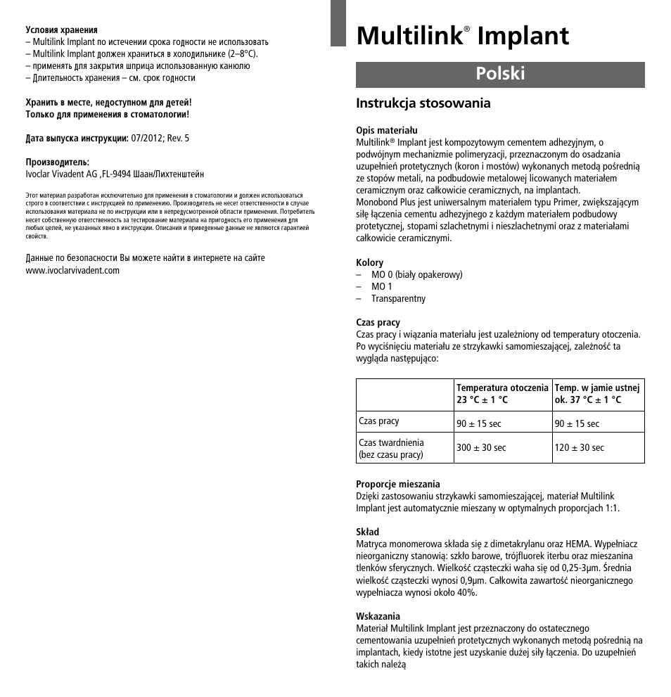Polski, Multilink, Implant | Instrukcja stosowania | Ivoclar Vivadent Multilink Implant User Manual | Page 36 / 40