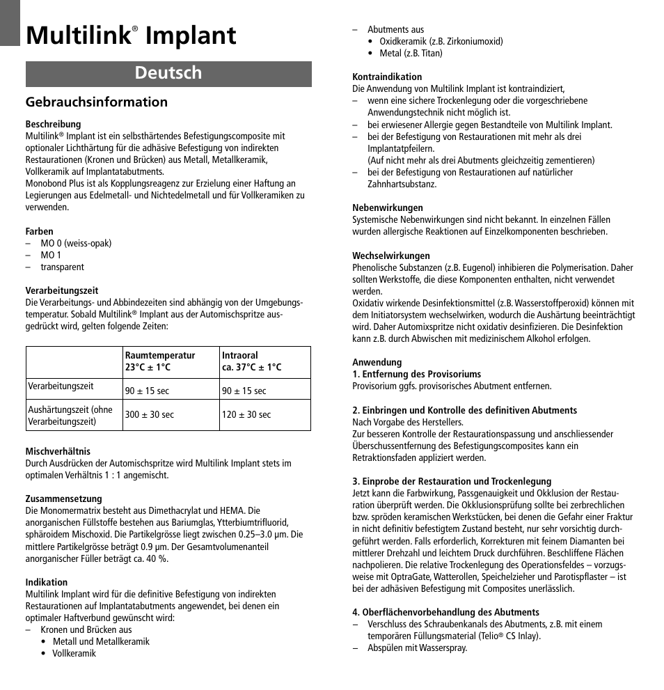 Deutsch, Multilink, Implant | Gebrauchsinformation | Ivoclar Vivadent Multilink Implant User Manual | Page 4 / 40