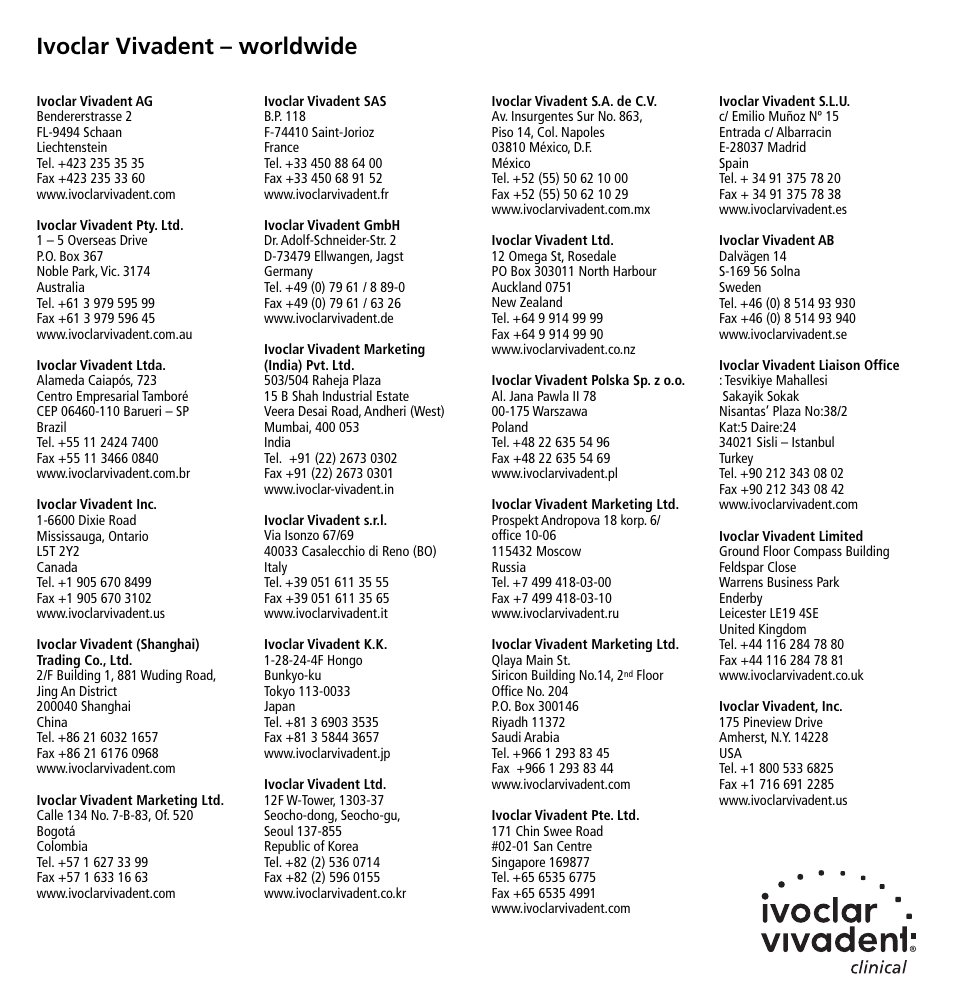 Ivoclar vivadent – worldwide | Ivoclar Vivadent Multilink Implant User Manual | Page 40 / 40