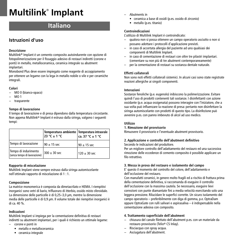 Italiano, Multilink, Implant | Istruzioni d'uso | Ivoclar Vivadent Multilink Implant User Manual | Page 9 / 40