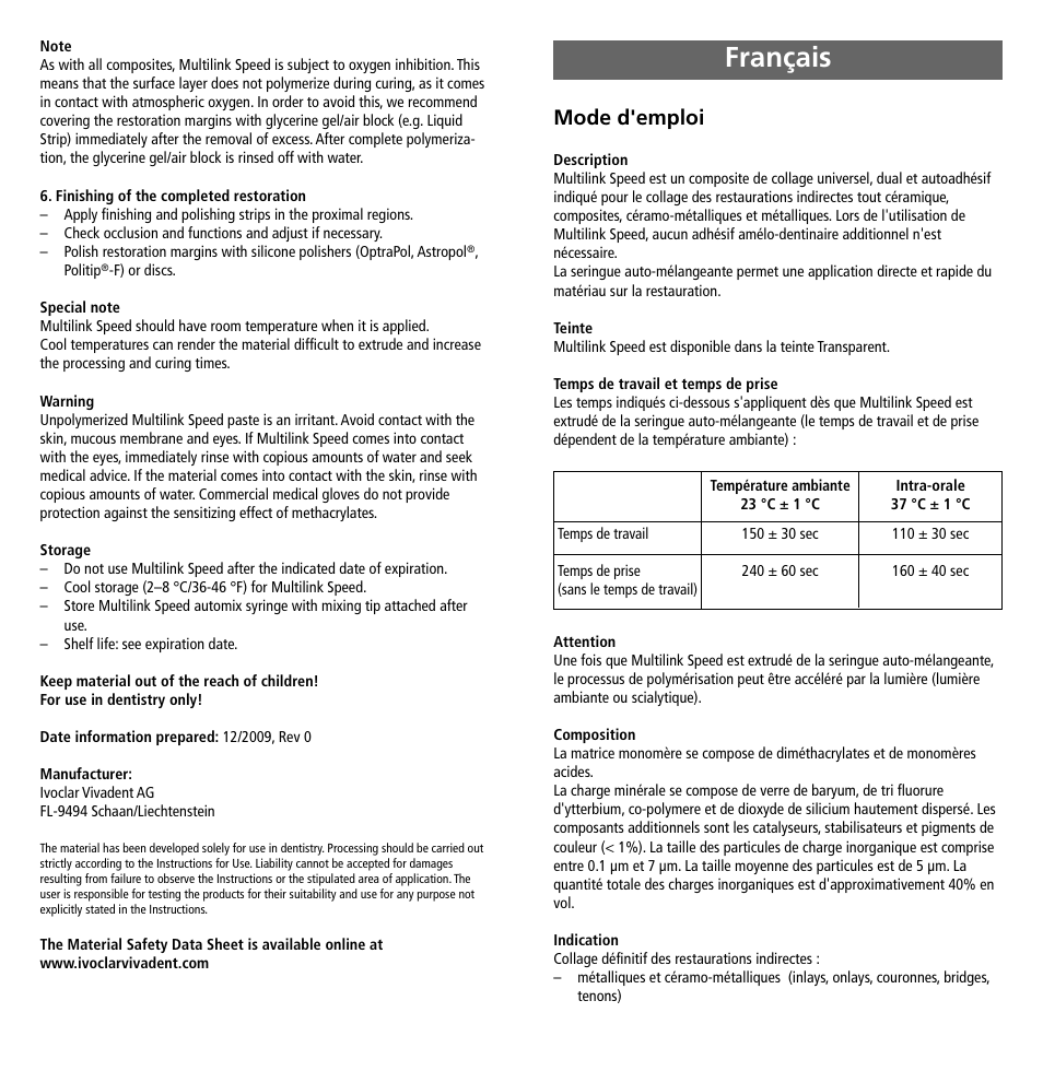 Français, Mode d'emploi | Ivoclar Vivadent Multilink Speed User Manual | Page 3 / 14