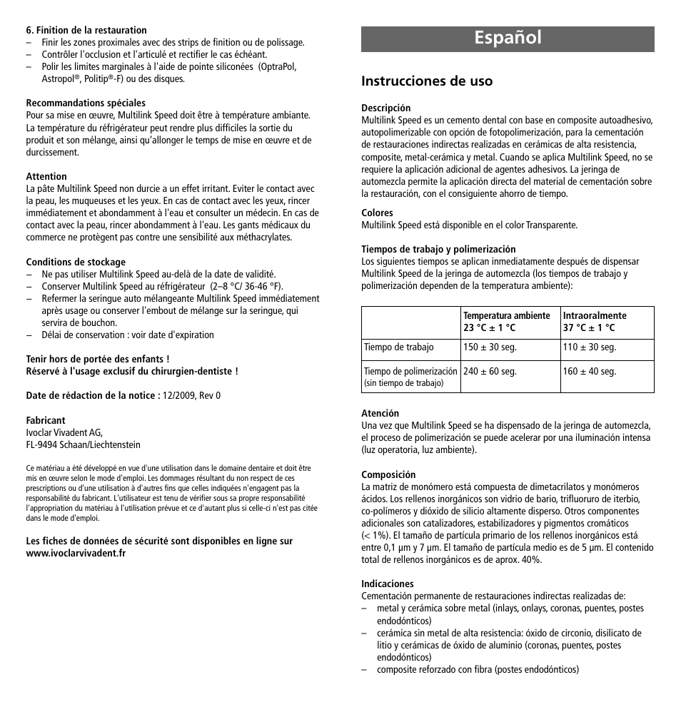 Español, Instrucciones de uso | Ivoclar Vivadent Multilink Speed User Manual | Page 5 / 14