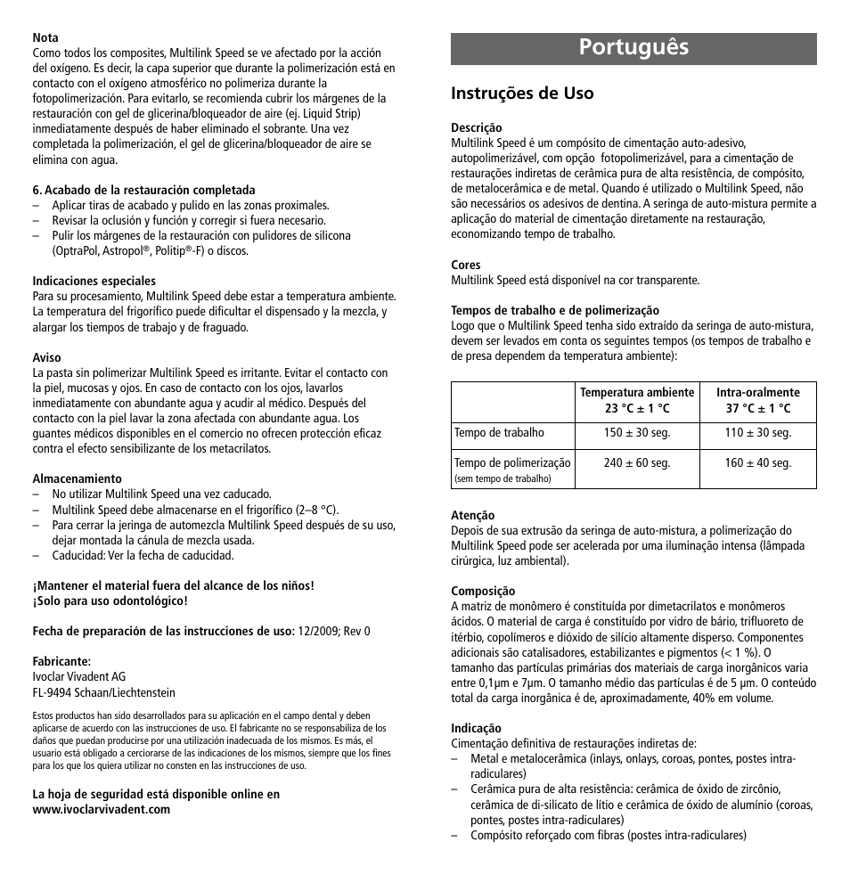 Português, Instruções de uso | Ivoclar Vivadent Multilink Speed User Manual | Page 7 / 14