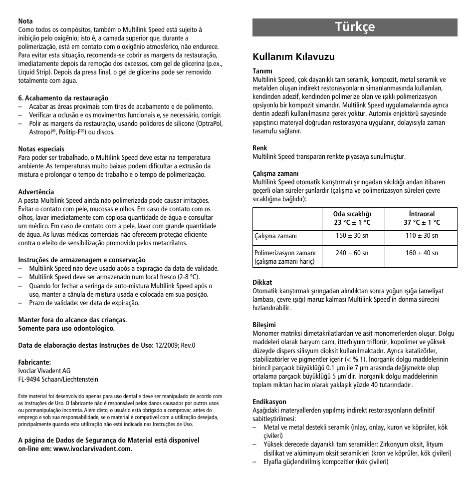 Türkçe, Kullanım kılavuzu | Ivoclar Vivadent Multilink Speed User Manual | Page 9 / 14