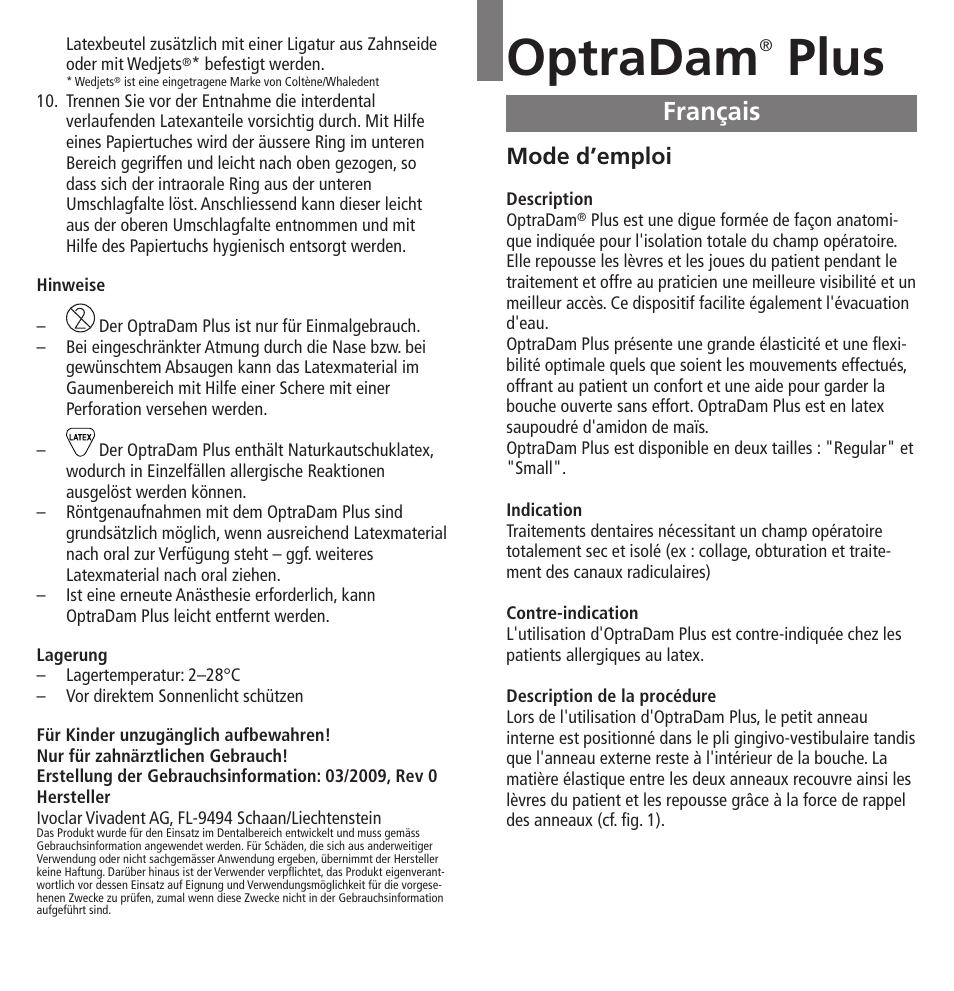 Français, Optradam, Plus | Mode d’emploi | Ivoclar Vivadent OptraDam Plus User Manual | Page 5 / 31