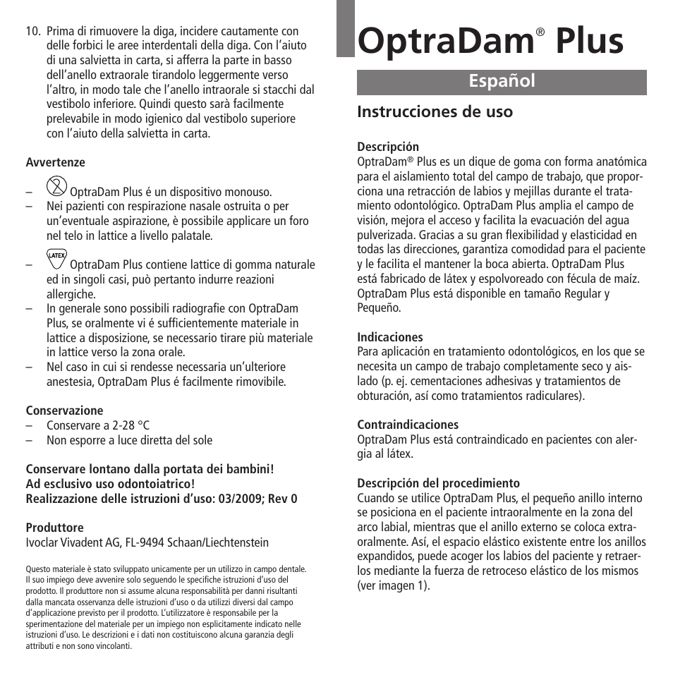 Español, Optradam, Plus | Ivoclar Vivadent OptraDam Plus User Manual | Page 9 / 31