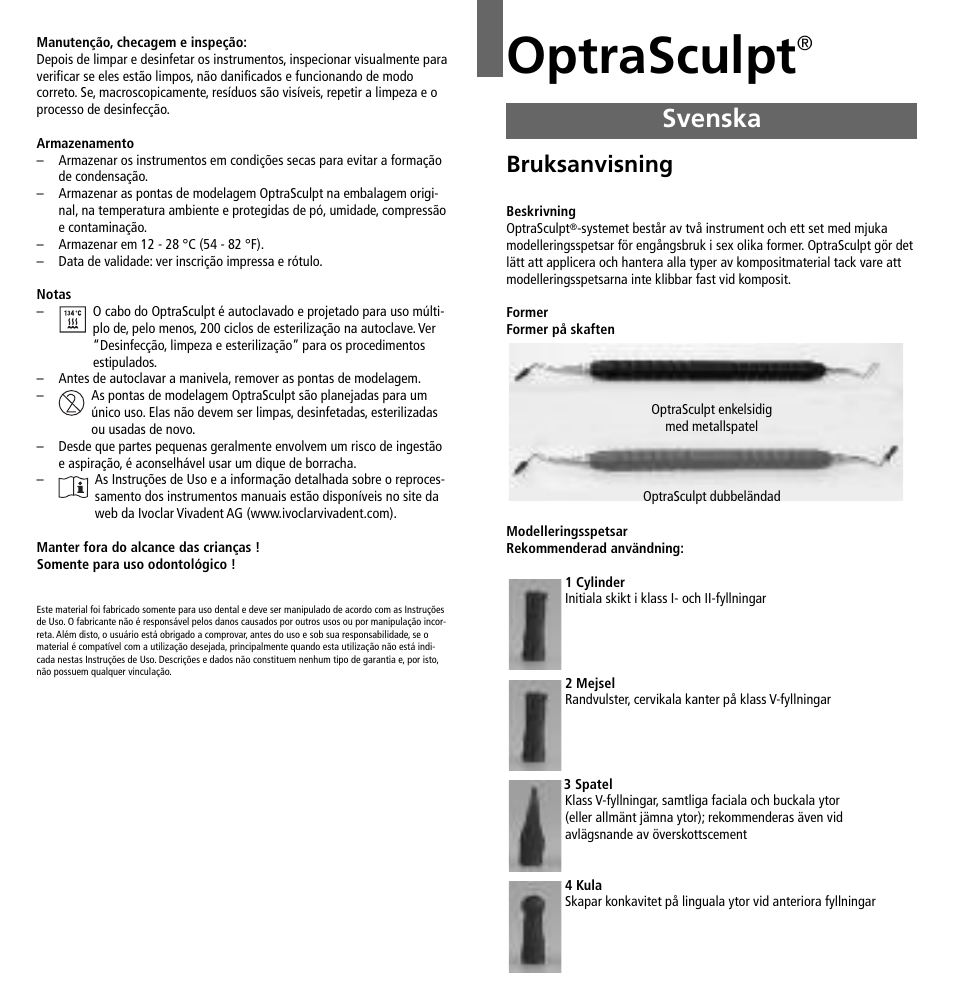 Svenska, Optrasculpt, Bruksanvisning | Ivoclar Vivadent OptraSculpt User Manual | Page 16 / 41