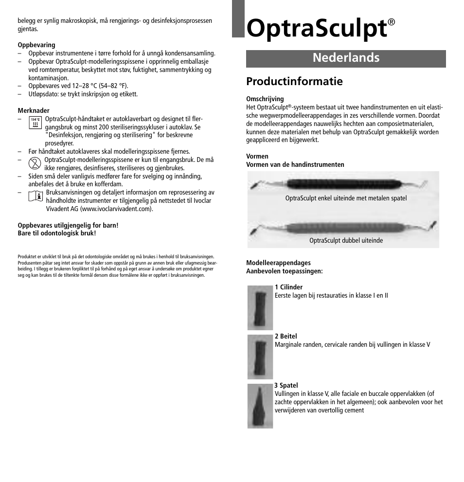 Nederlands, Optrasculpt, Productinformatie | Ivoclar Vivadent OptraSculpt User Manual | Page 26 / 41