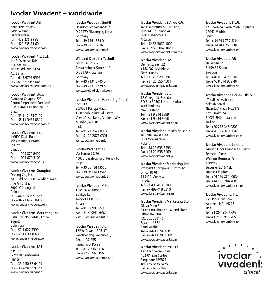 Ivoclar vivadent – worldwide | Ivoclar Vivadent OptraSculpt User Manual | Page 41 / 41