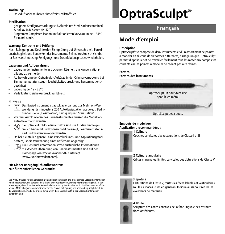 Français, Optrasculpt, Mode d’emploi | Ivoclar Vivadent OptraSculpt User Manual | Page 6 / 41