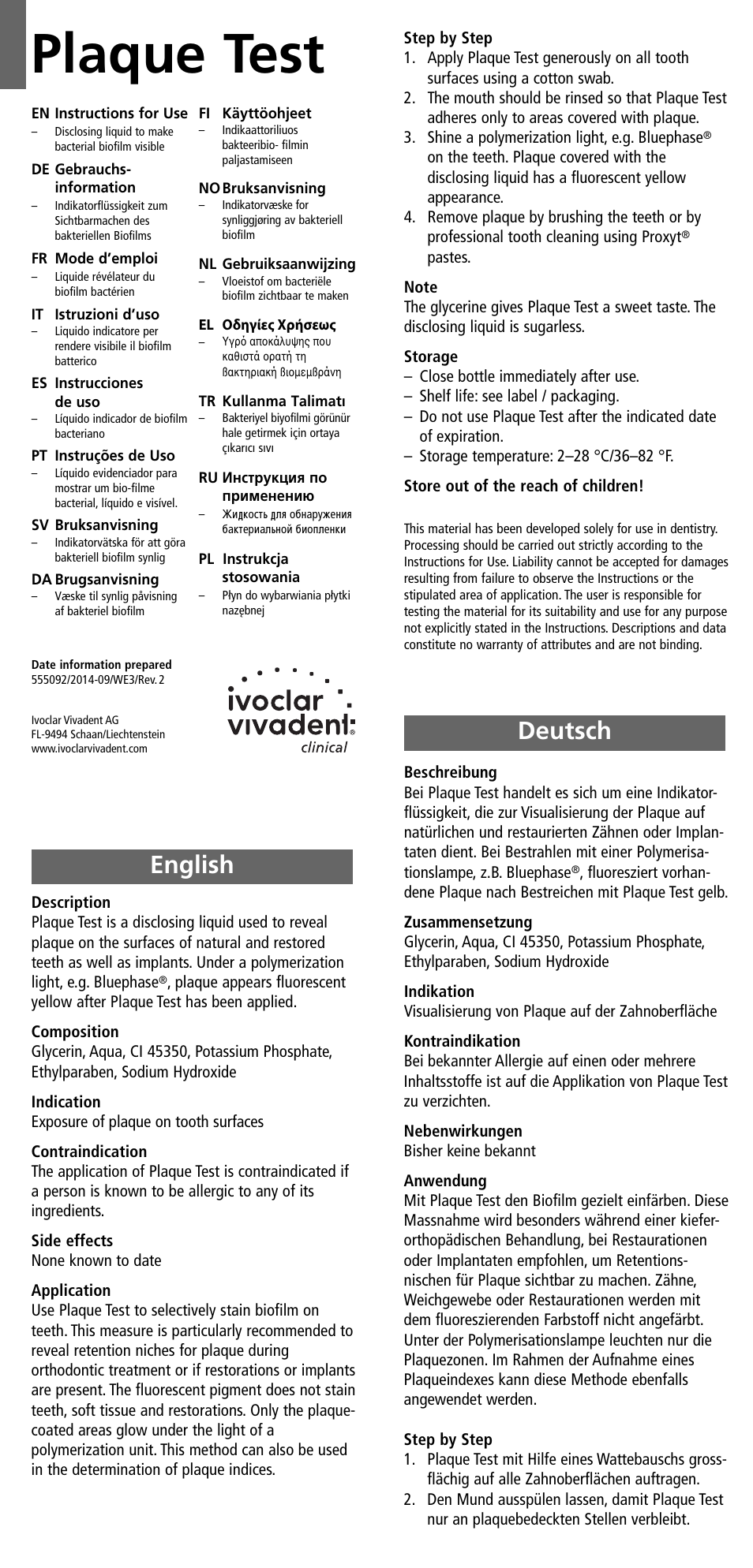 Ivoclar Vivadent Plaque Test User Manual | 9 pages