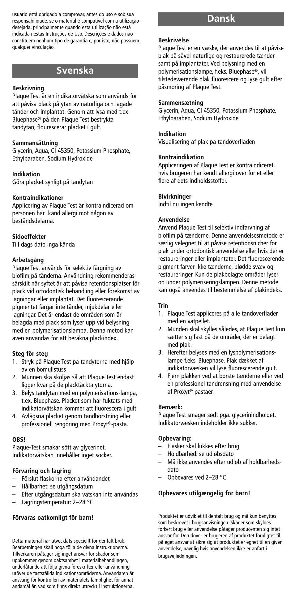 Svenska, Dansk, Svenska dansk | Ivoclar Vivadent Plaque Test User Manual | Page 4 / 9