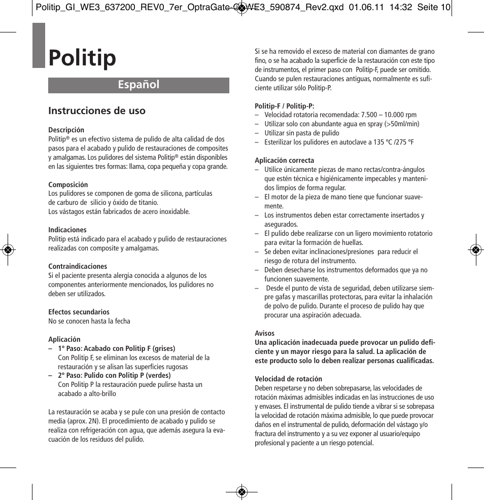 Español, Politip, Instrucciones de uso | Ivoclar Vivadent Politip User Manual | Page 10 / 34