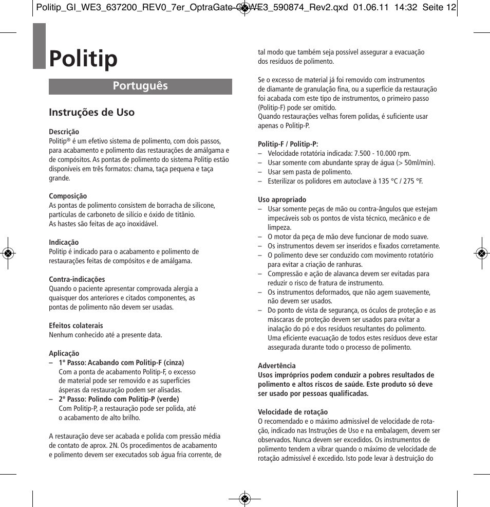 Português, Politip, Instruções de uso | Ivoclar Vivadent Politip User Manual | Page 12 / 34