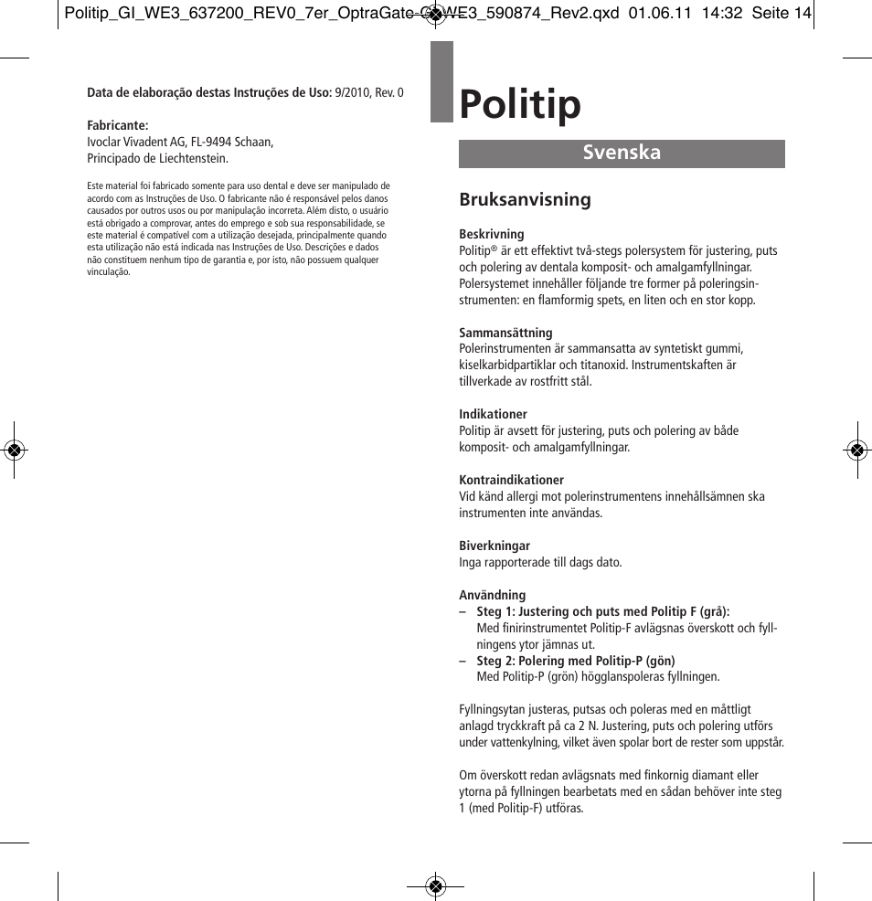 Svenska, Politip, Bruksanvisning | Ivoclar Vivadent Politip User Manual | Page 14 / 34