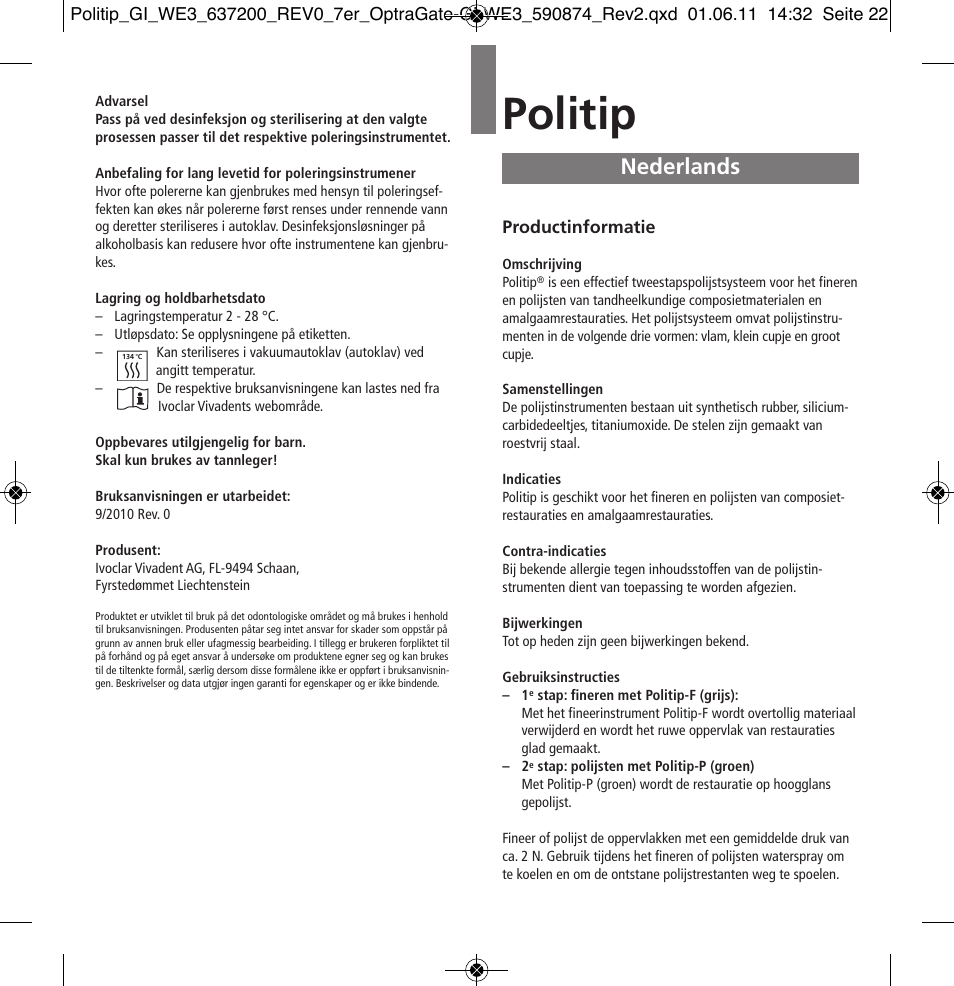 Nederlands, Politip | Ivoclar Vivadent Politip User Manual | Page 22 / 34