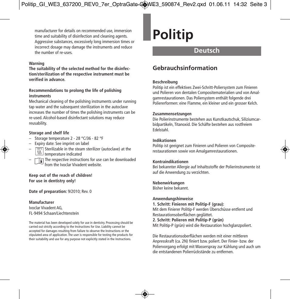 Deutsch, Politip, Gebrauchsinformation | Ivoclar Vivadent Politip User Manual | Page 3 / 34