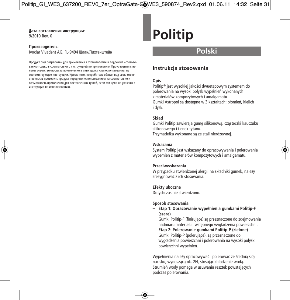 Polski, Politip | Ivoclar Vivadent Politip User Manual | Page 31 / 34