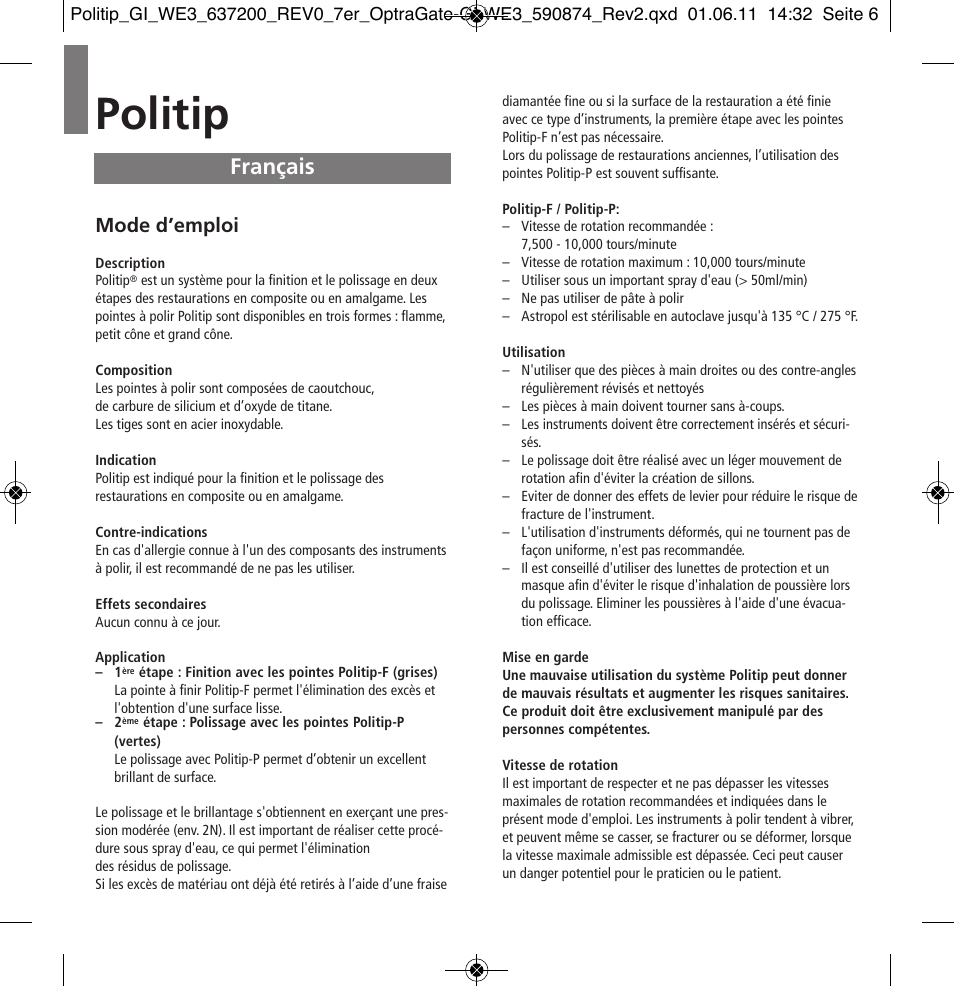 Français, Politip, Mode d’emploi | Ivoclar Vivadent Politip User Manual | Page 6 / 34