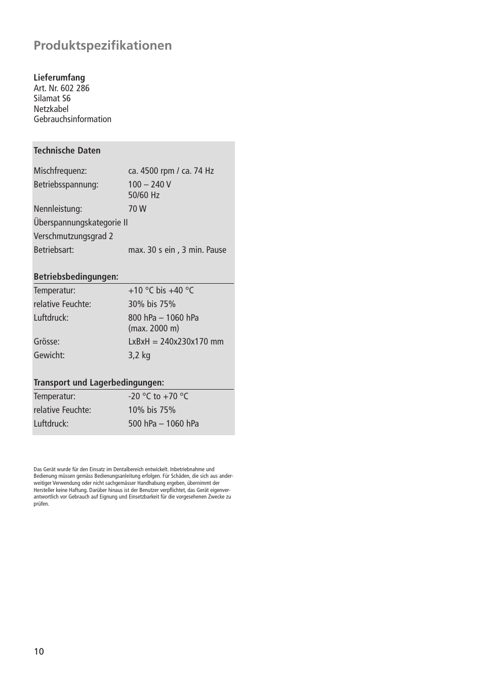 Produktspezifikationen | Ivoclar Vivadent Silamat S6 User Manual | Page 10 / 56