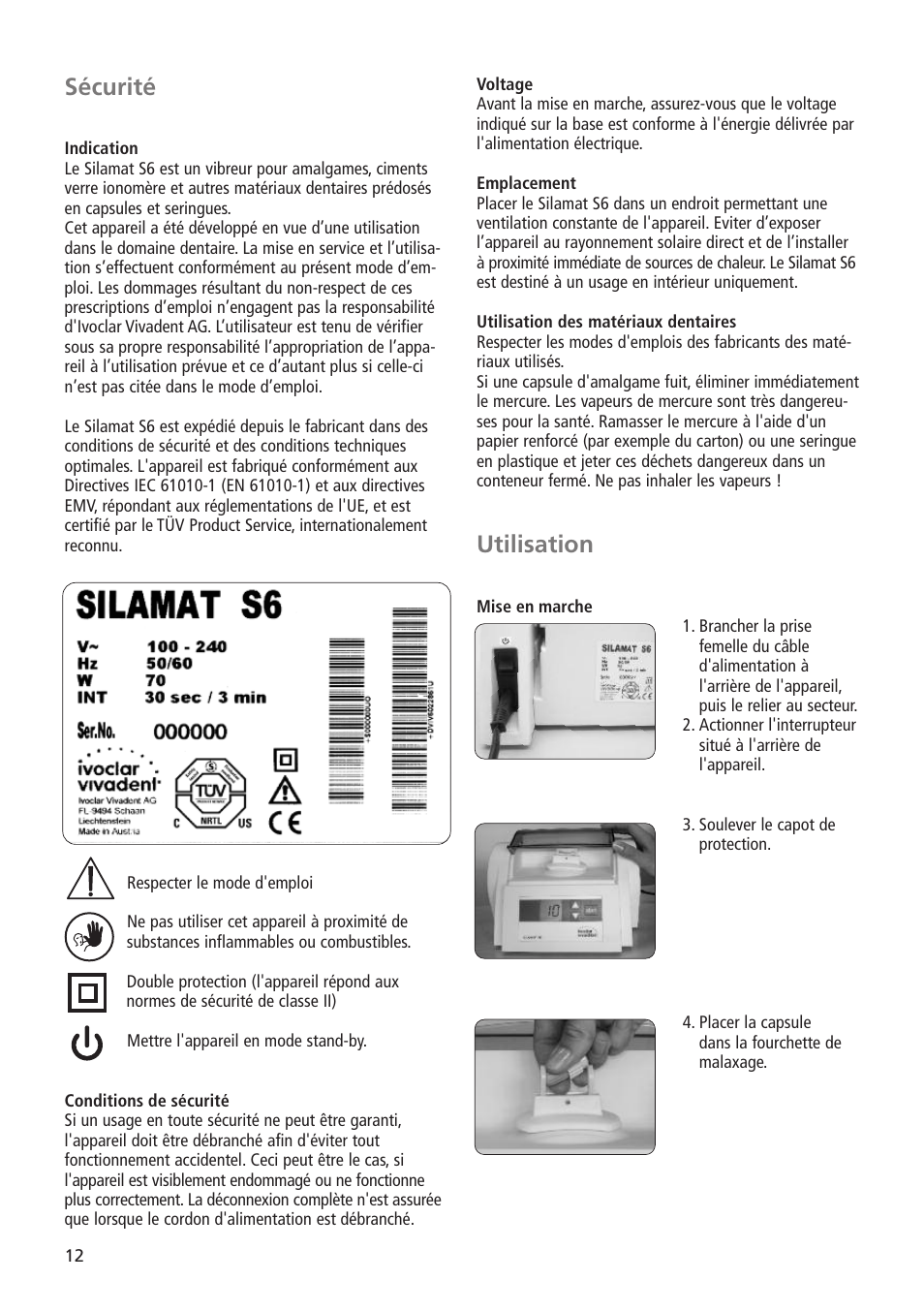 Utilisation, Sécurité | Ivoclar Vivadent Silamat S6 User Manual | Page 12 / 56