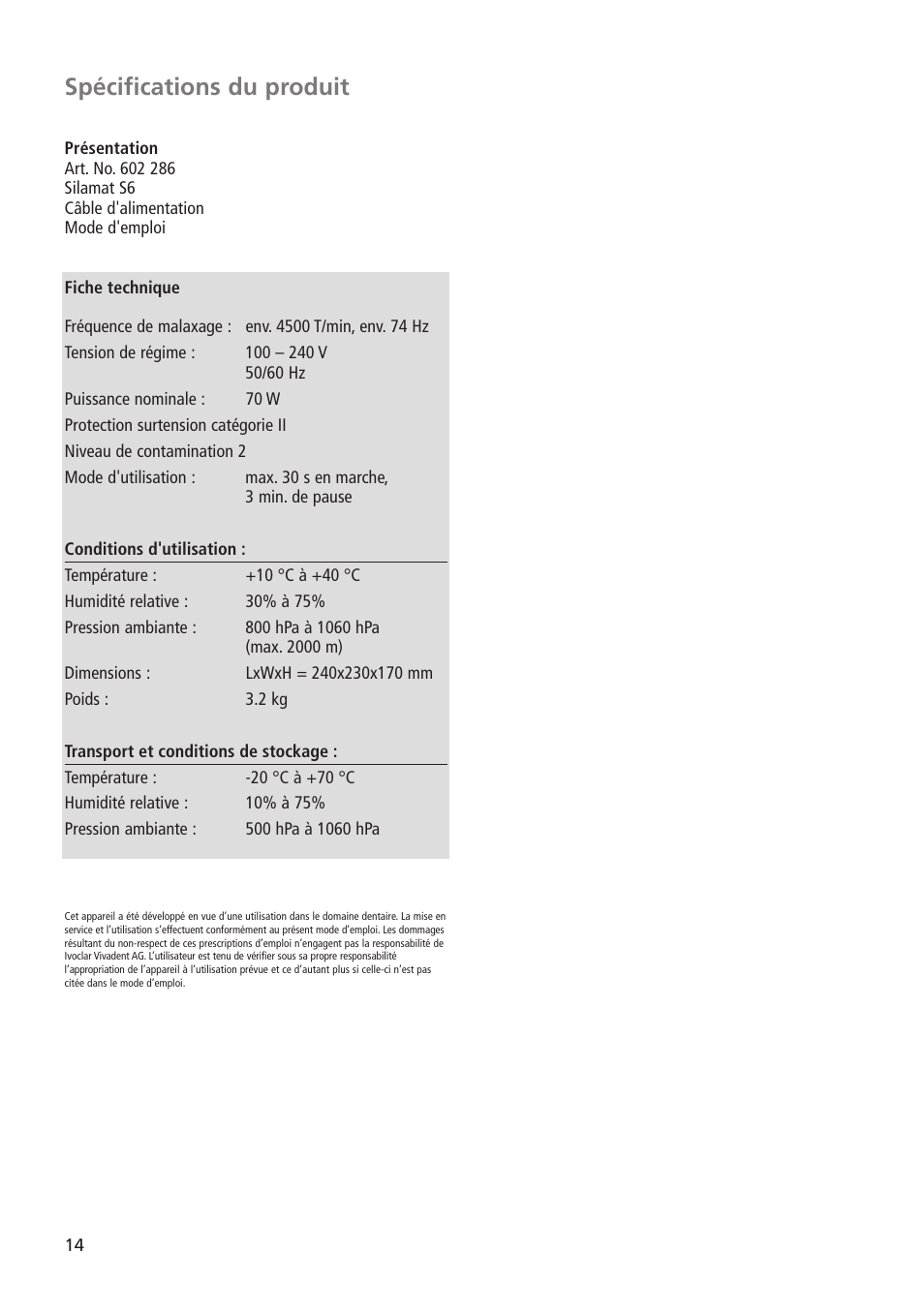 Spécifications du produit | Ivoclar Vivadent Silamat S6 User Manual | Page 14 / 56