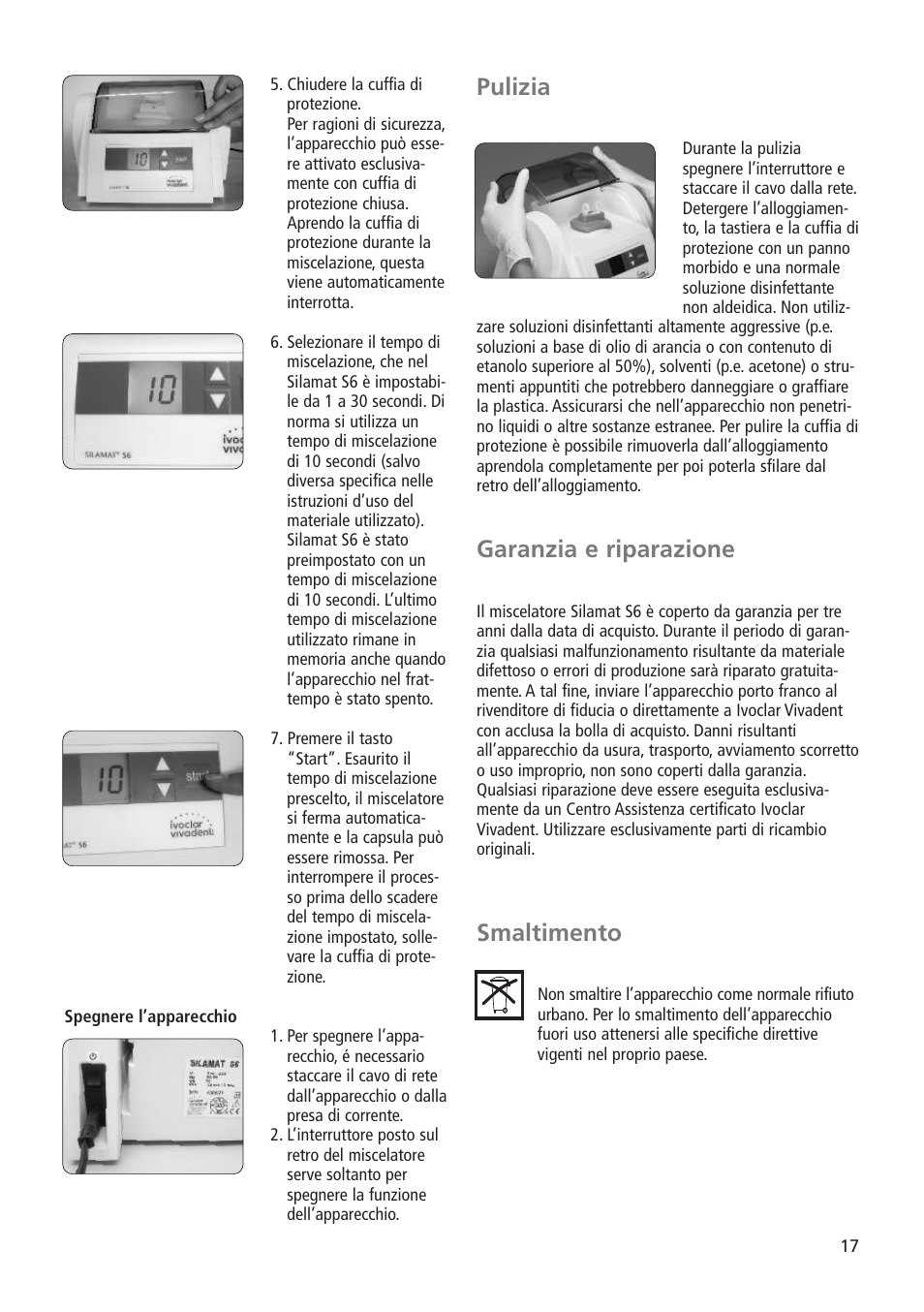 Pulizia, Garanzia e riparazione, Smaltimento | Ivoclar Vivadent Silamat S6 User Manual | Page 17 / 56