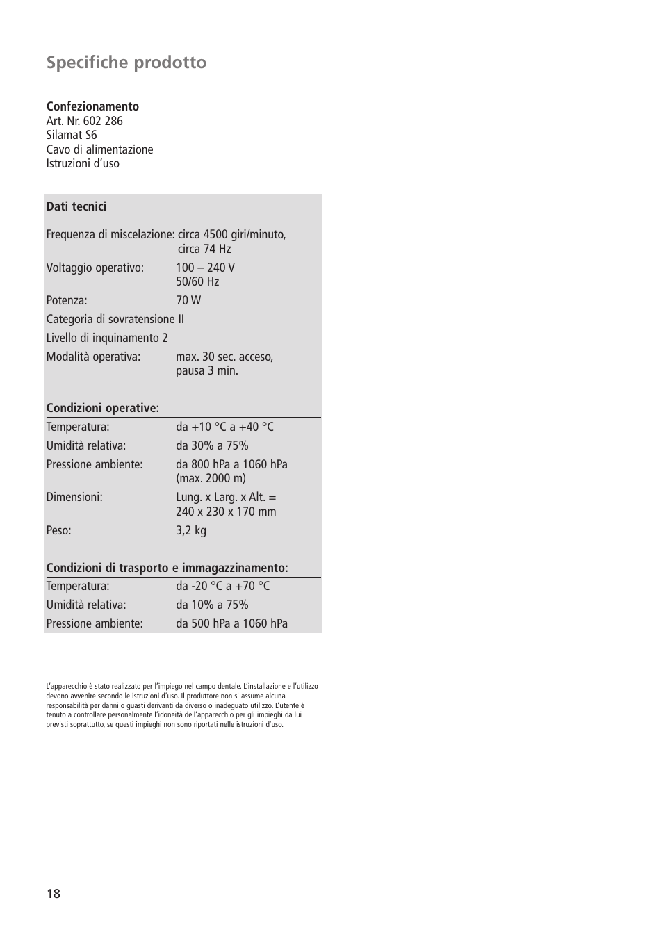 Specifiche prodotto | Ivoclar Vivadent Silamat S6 User Manual | Page 18 / 56