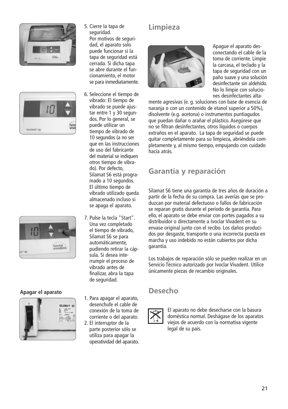 Limpieza, Garantía y reparación, Desecho | Ivoclar Vivadent Silamat S6 User Manual | Page 21 / 56