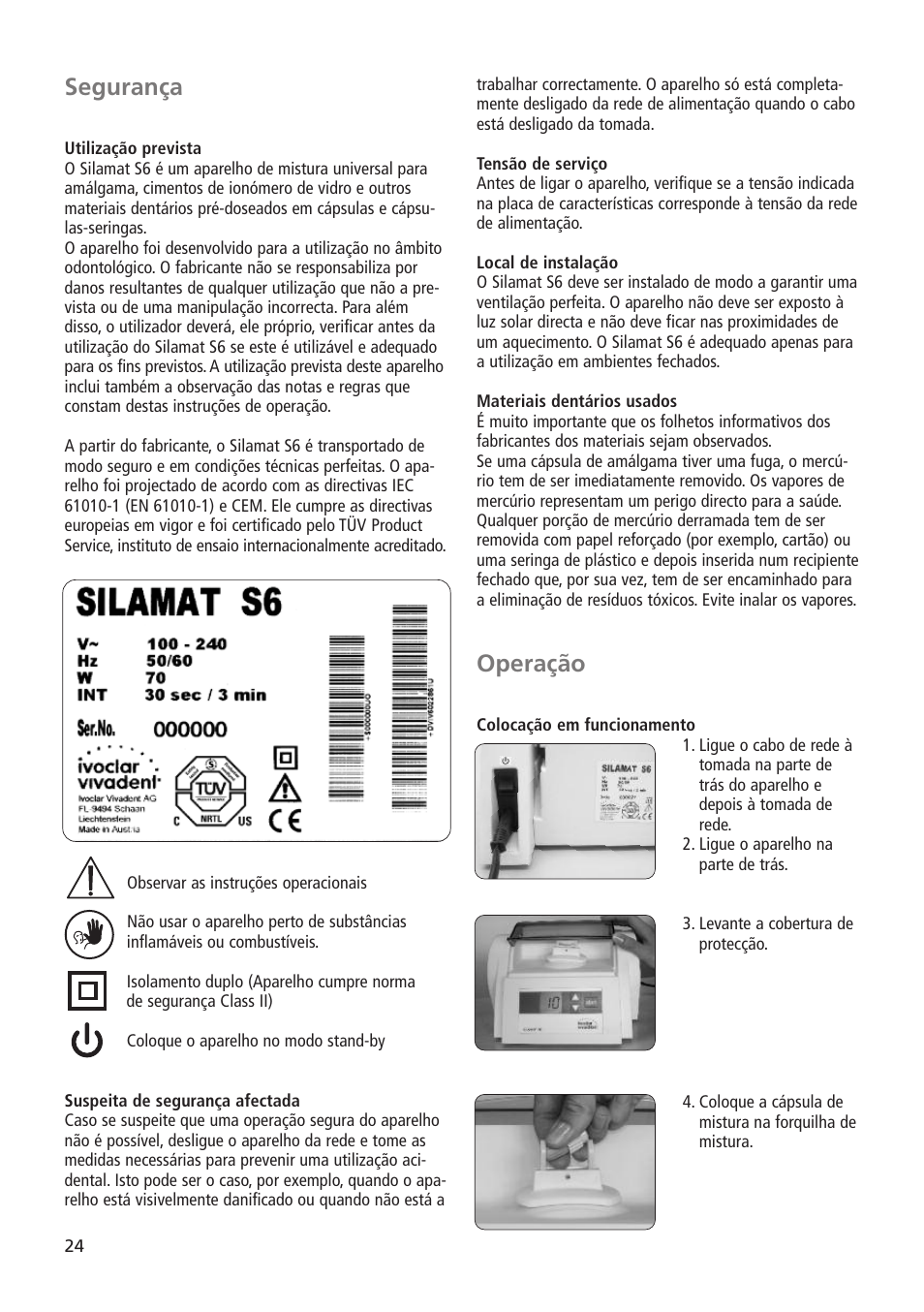 Operação, Segurança | Ivoclar Vivadent Silamat S6 User Manual | Page 24 / 56