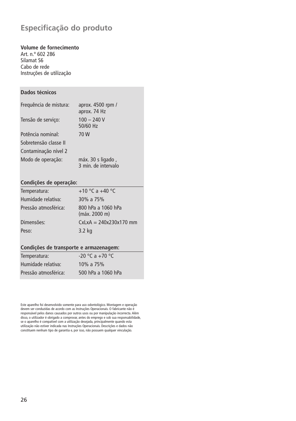 Especificação do produto | Ivoclar Vivadent Silamat S6 User Manual | Page 26 / 56