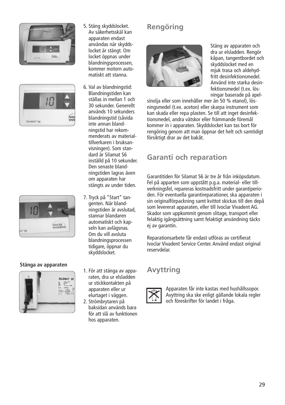 Rengöring, Garanti och reparation, Avyttring | Ivoclar Vivadent Silamat S6 User Manual | Page 29 / 56
