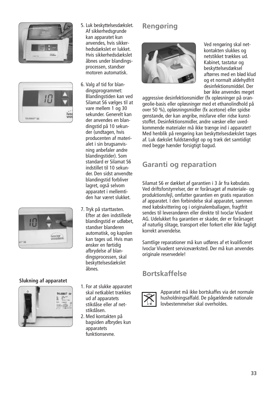 Rengøring, Garanti og reparation, Bortskaffelse | Ivoclar Vivadent Silamat S6 User Manual | Page 33 / 56