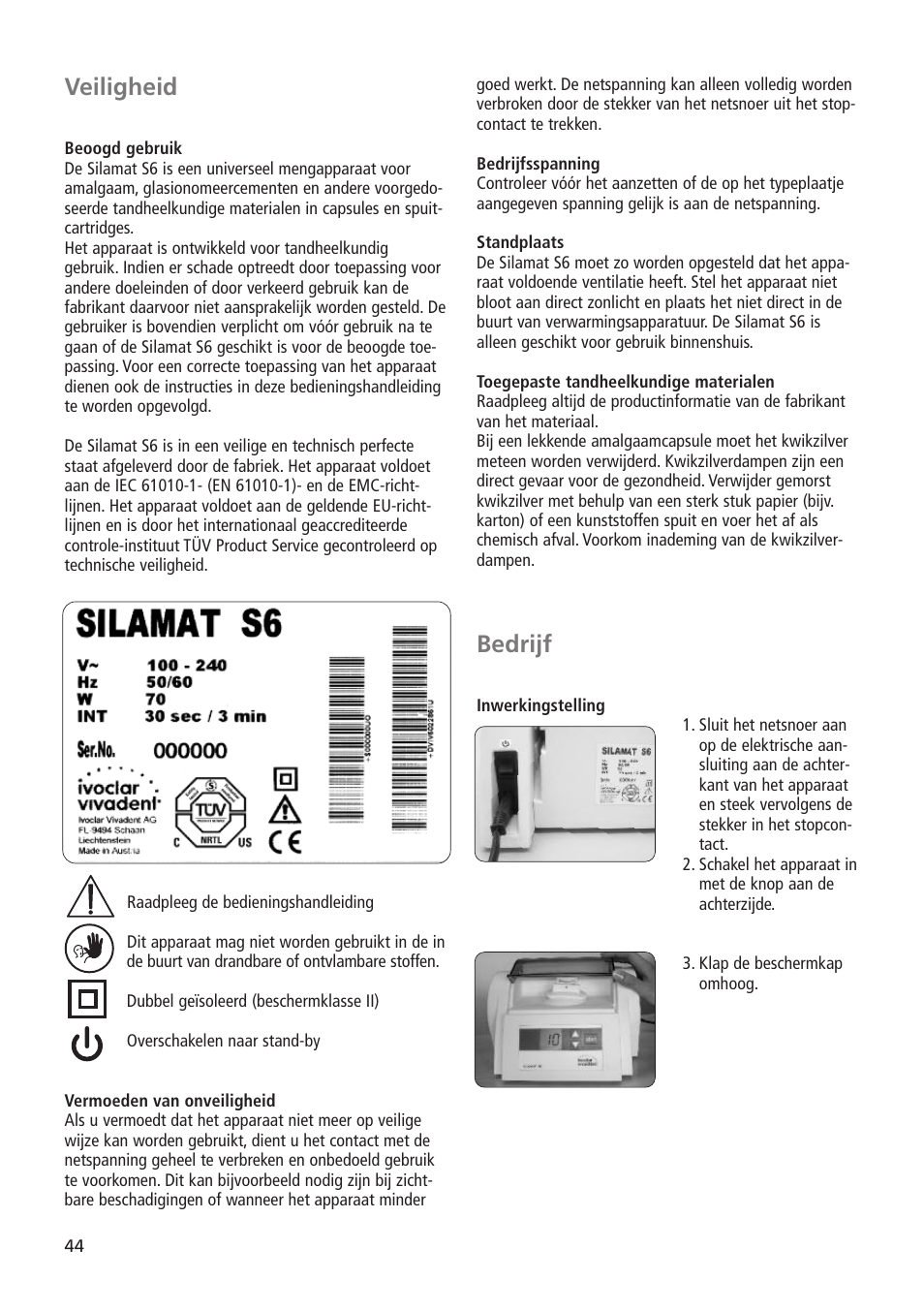 Bedrijf, Veiligheid | Ivoclar Vivadent Silamat S6 User Manual | Page 44 / 56