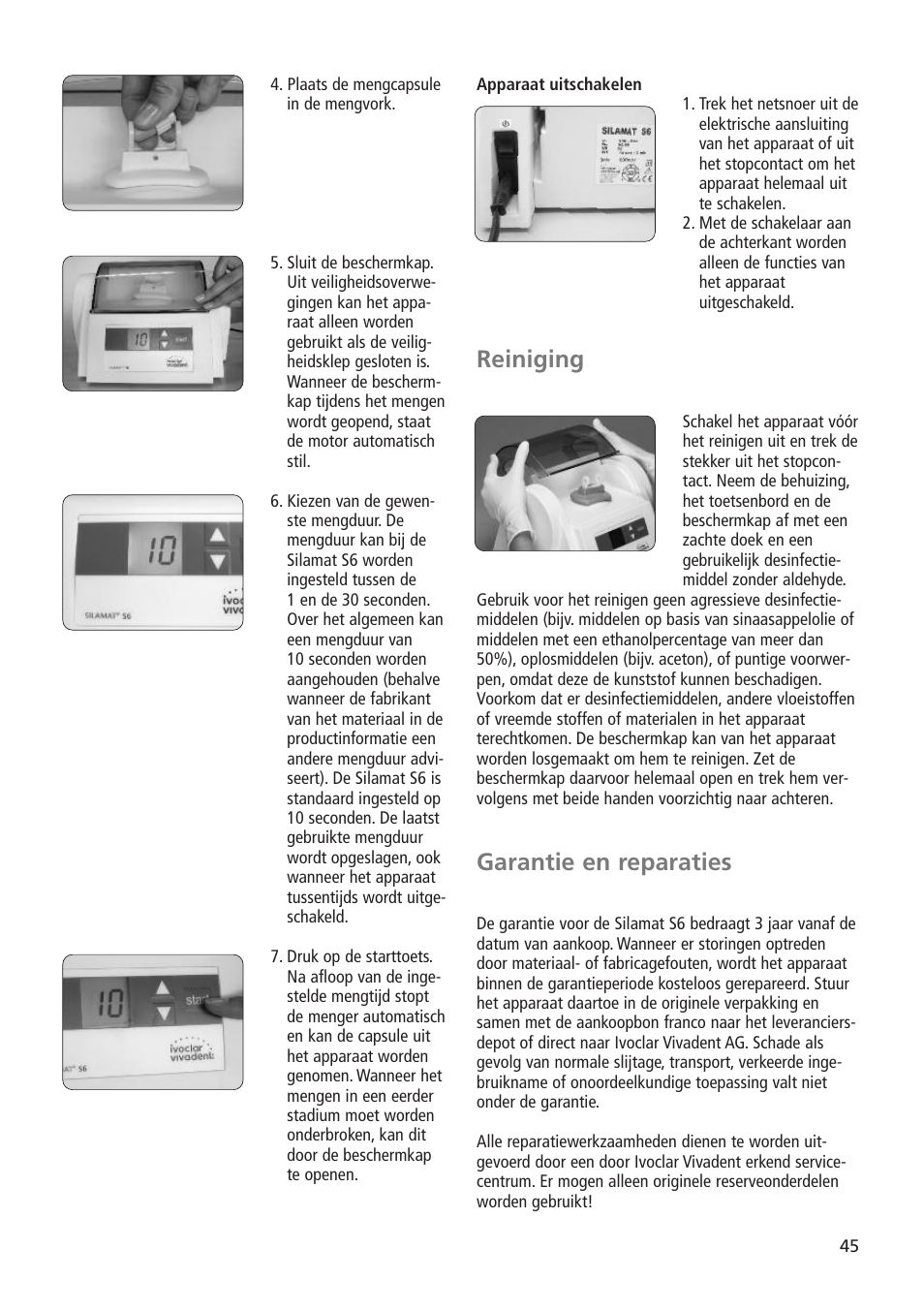 Reiniging, Garantie en reparaties | Ivoclar Vivadent Silamat S6 User Manual | Page 45 / 56