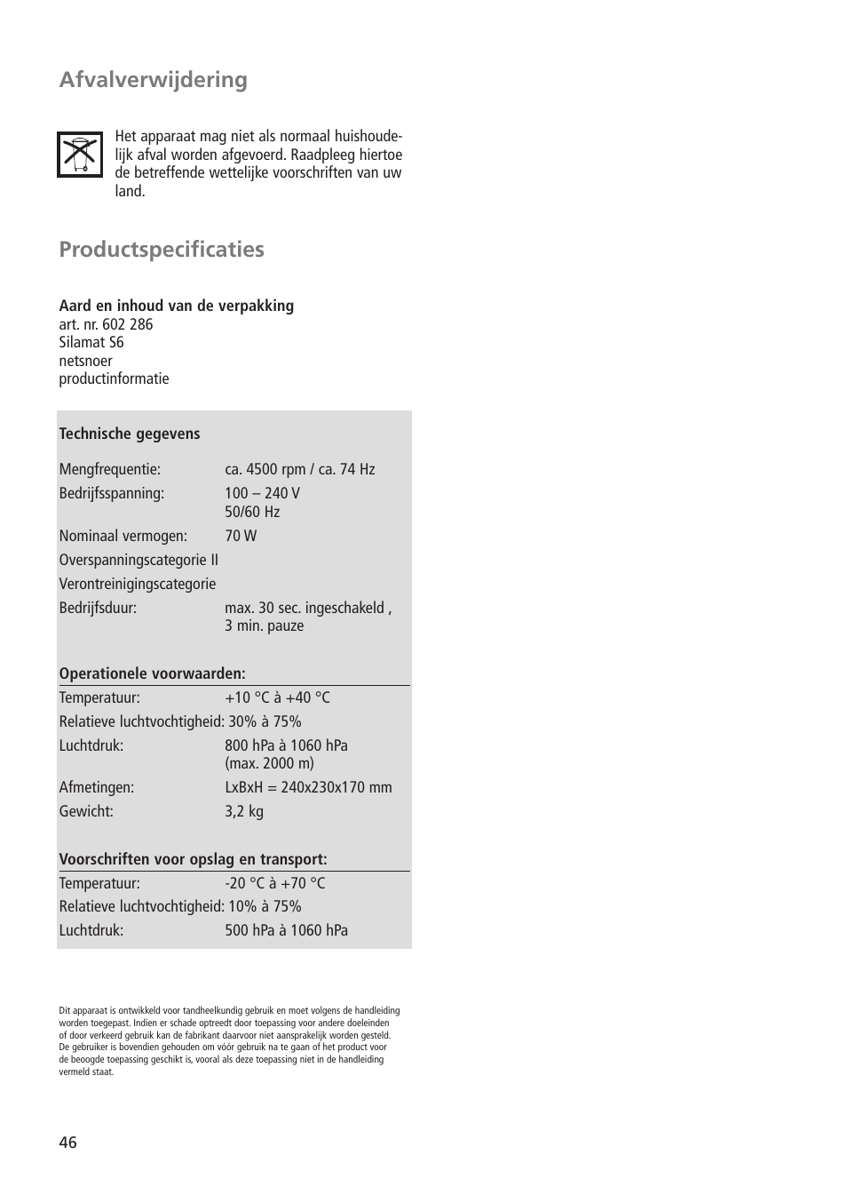 Afvalverwijdering, Productspecificaties | Ivoclar Vivadent Silamat S6 User Manual | Page 46 / 56