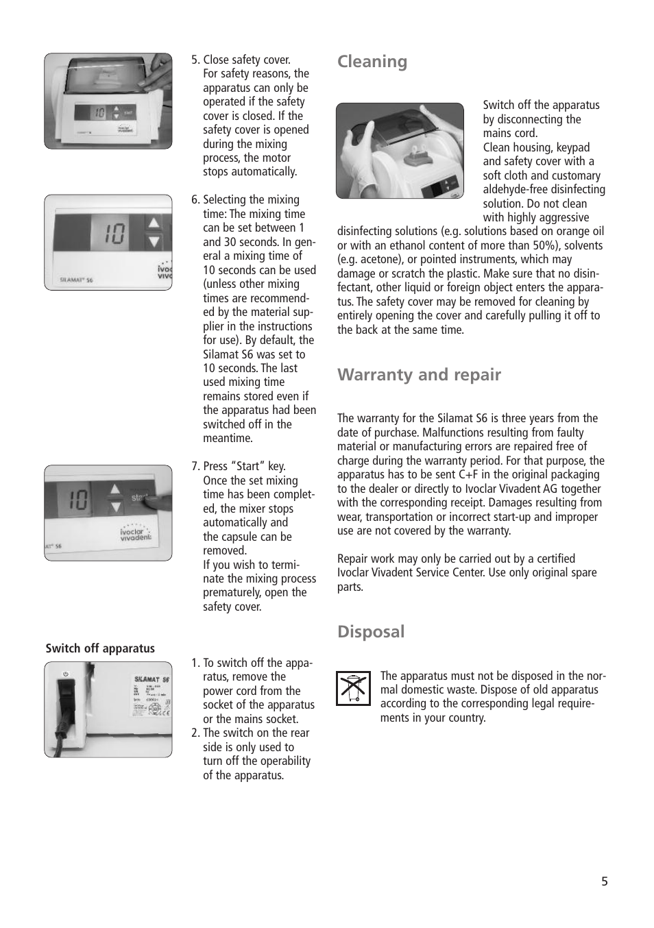 Cleaning, Warranty and repair, Disposal | Ivoclar Vivadent Silamat S6 User Manual | Page 5 / 56
