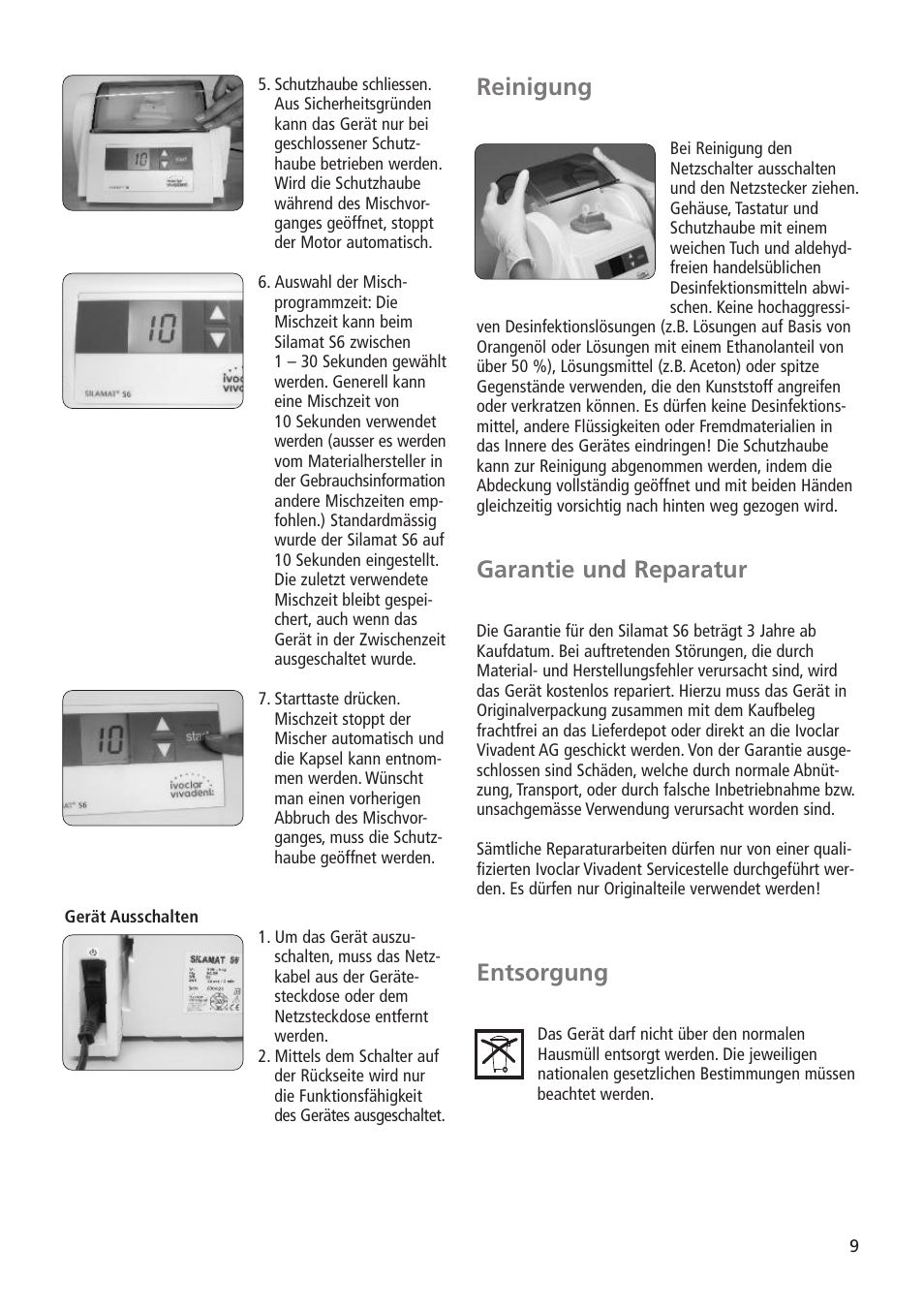 Reinigung, Garantie und reparatur, Entsorgung | Ivoclar Vivadent Silamat S6 User Manual | Page 9 / 56