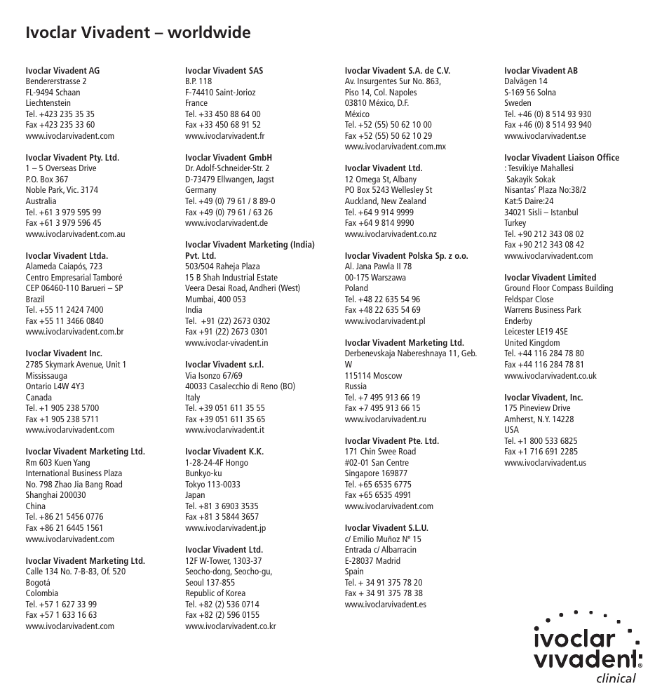 Ivoclar vivadent – worldwide | Ivoclar Vivadent SpeedCEM User Manual | Page 44 / 44