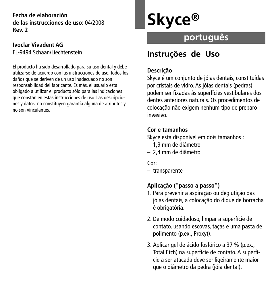 Português, Skyce | Ivoclar Vivadent Skyce User Manual | Page 11 / 26
