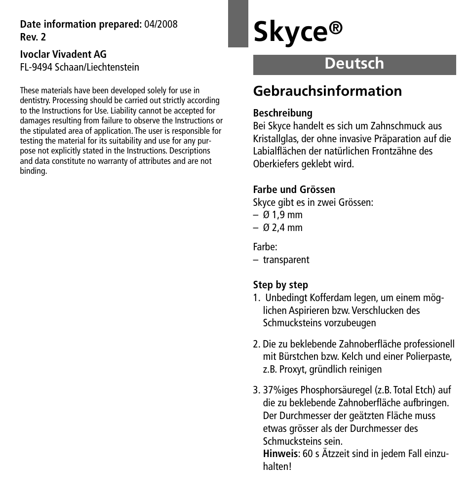 Deutsch, Skyce | Ivoclar Vivadent Skyce User Manual | Page 3 / 26