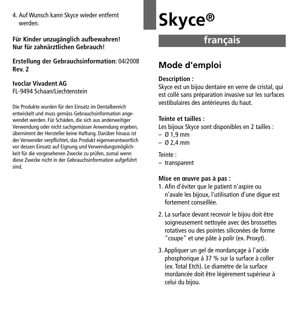 Français, Skyce | Ivoclar Vivadent Skyce User Manual | Page 5 / 26