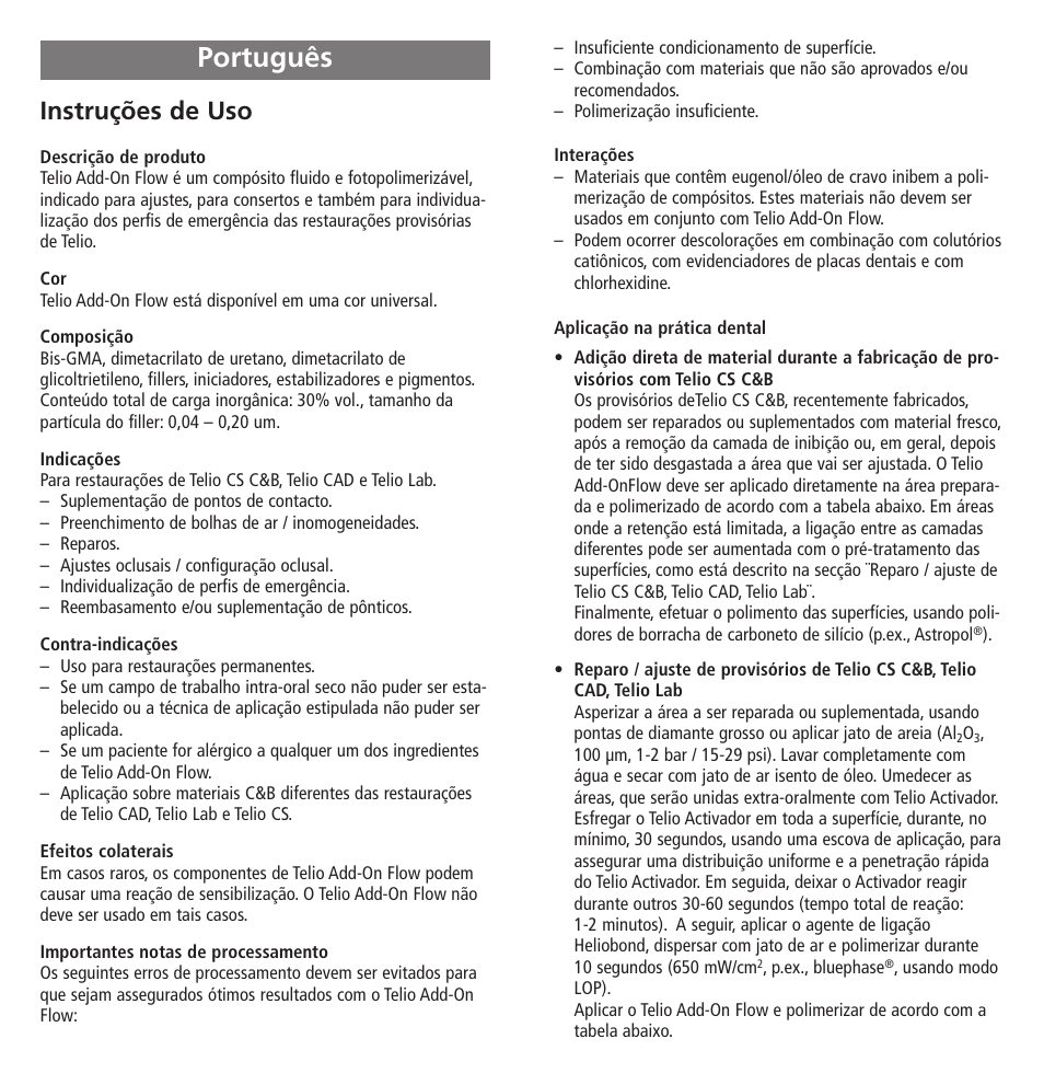 Português, Instruções de uso | Ivoclar Vivadent Telio Add-On Flow User Manual | Page 14 / 40