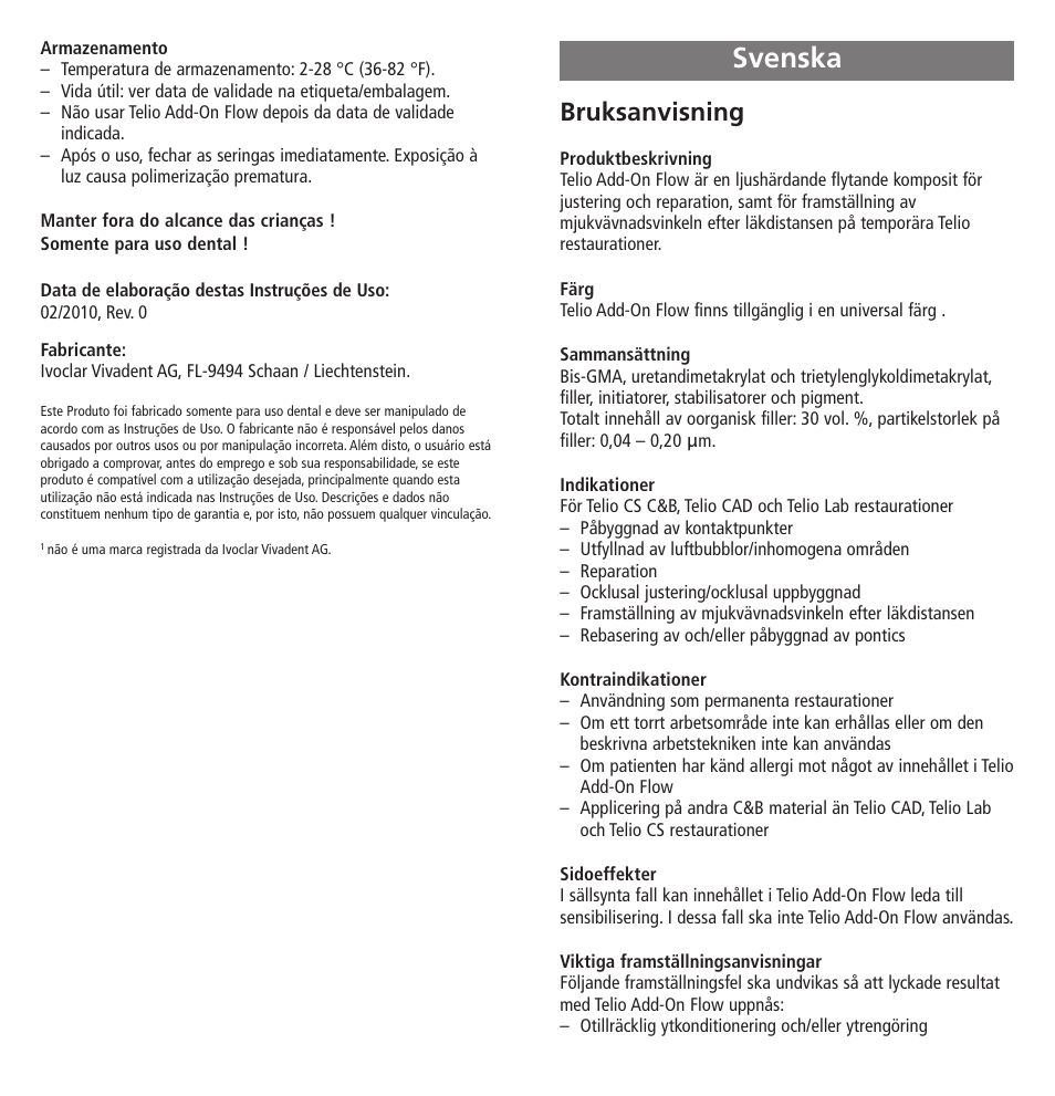 Svenska, Bruksanvisning | Ivoclar Vivadent Telio Add-On Flow User Manual | Page 16 / 40