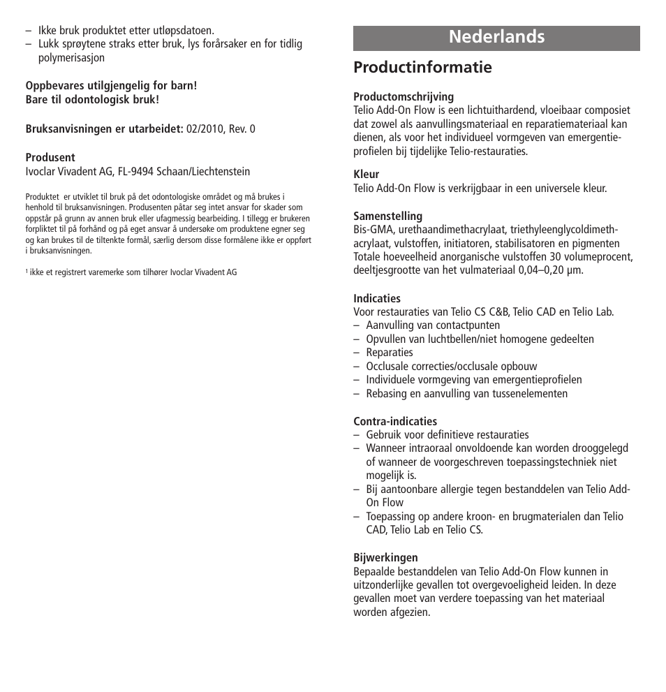 Nederlands, Productinformatie | Ivoclar Vivadent Telio Add-On Flow User Manual | Page 26 / 40