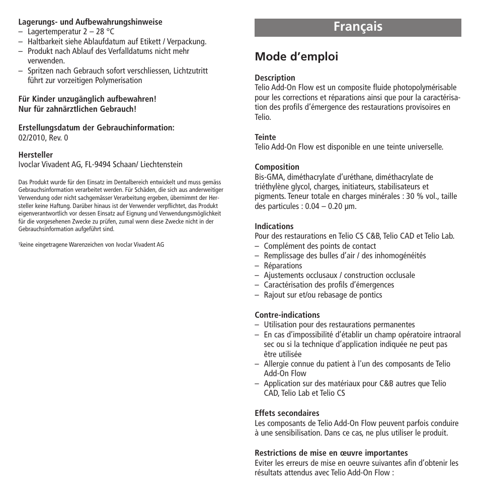 Français, Mode d’emploi | Ivoclar Vivadent Telio Add-On Flow User Manual | Page 6 / 40