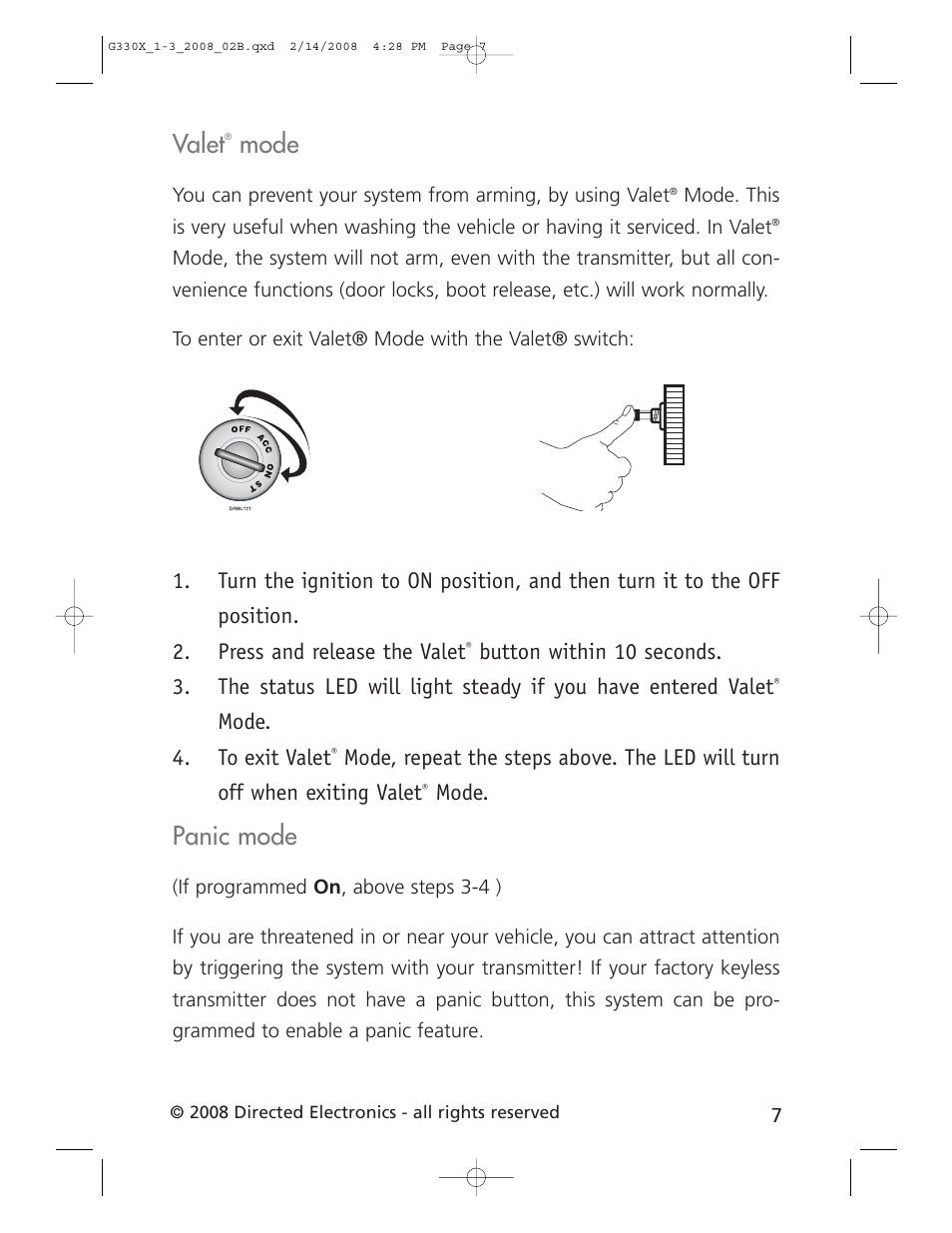 Valet, Mode, Panic mode | CLIFFORD 330X1 User Manual | Page 10 / 19