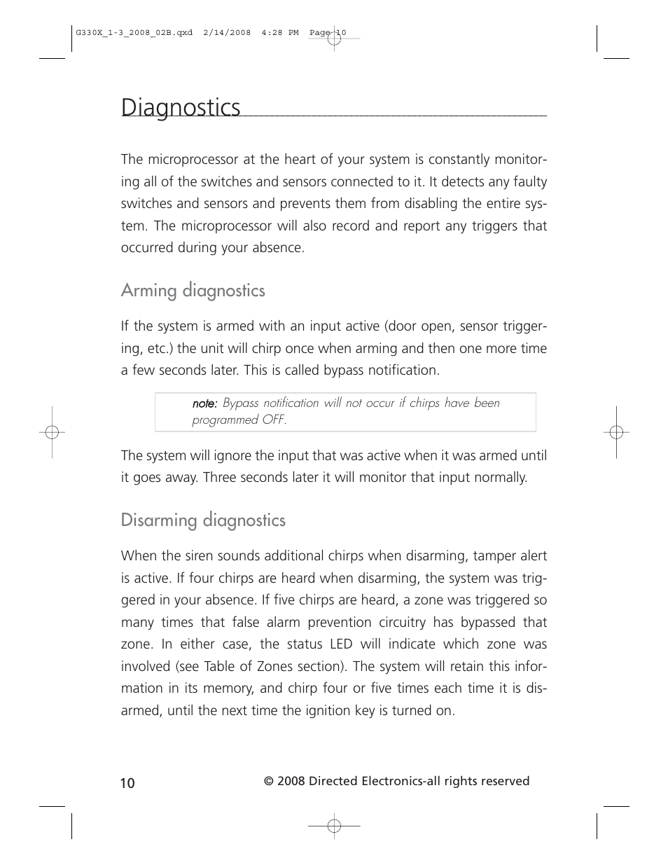 Diagnostics, Arming diagnostics, Disarming diagnostics | CLIFFORD 330X1 User Manual | Page 13 / 19