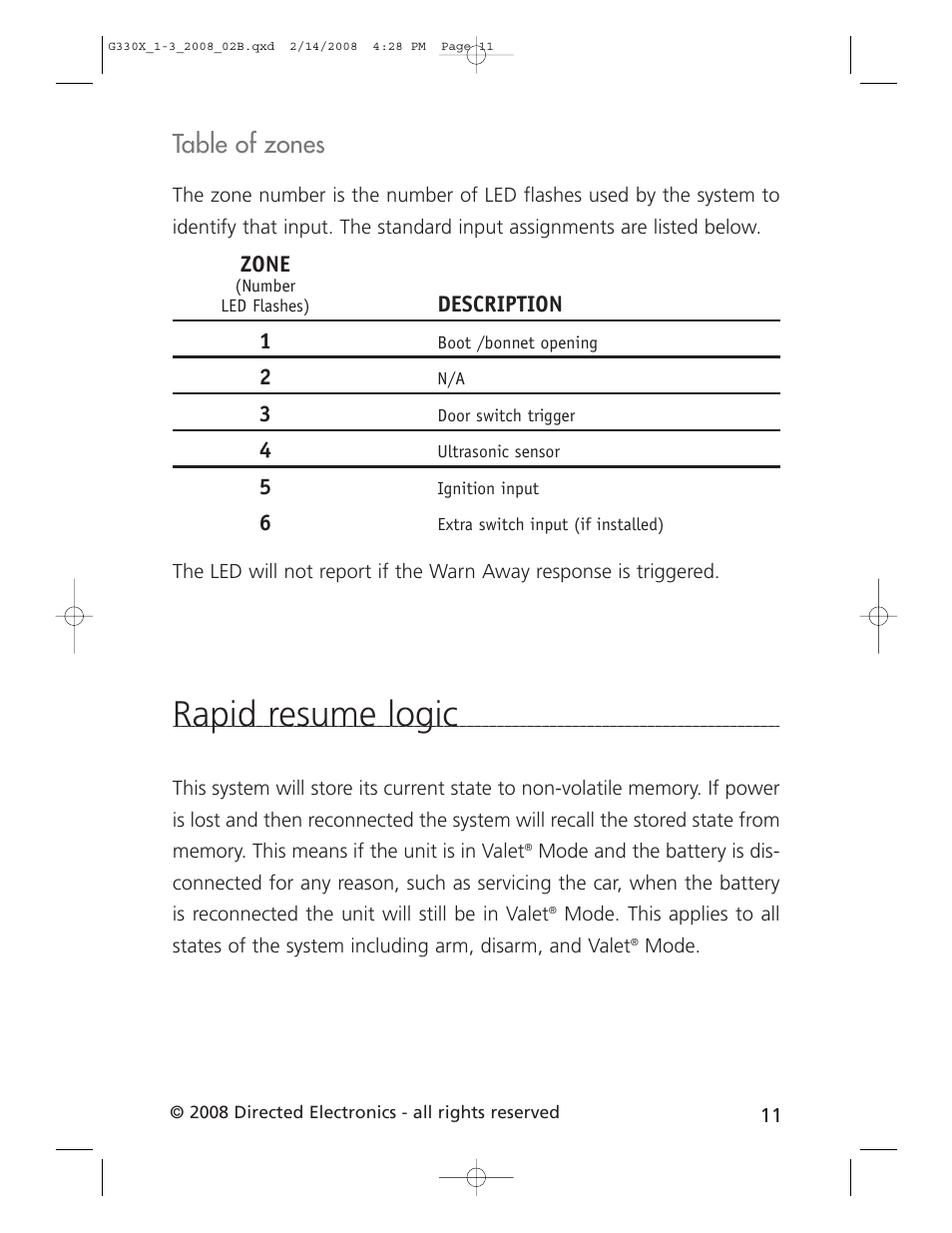 Rapid resume logic, Table of zones | CLIFFORD 330X1 User Manual | Page 14 / 19